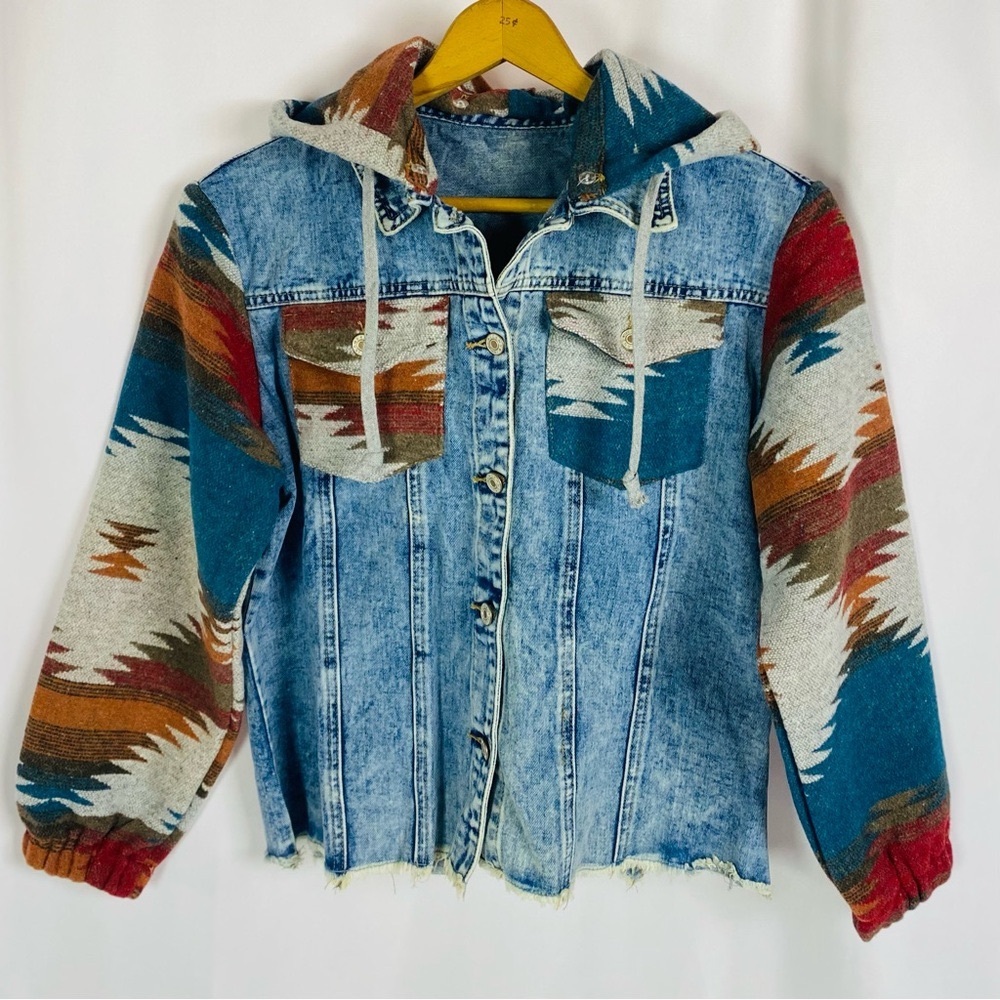 Mixed Media Red and Blue Jean Jacket with Patterned Hood and Sleeves